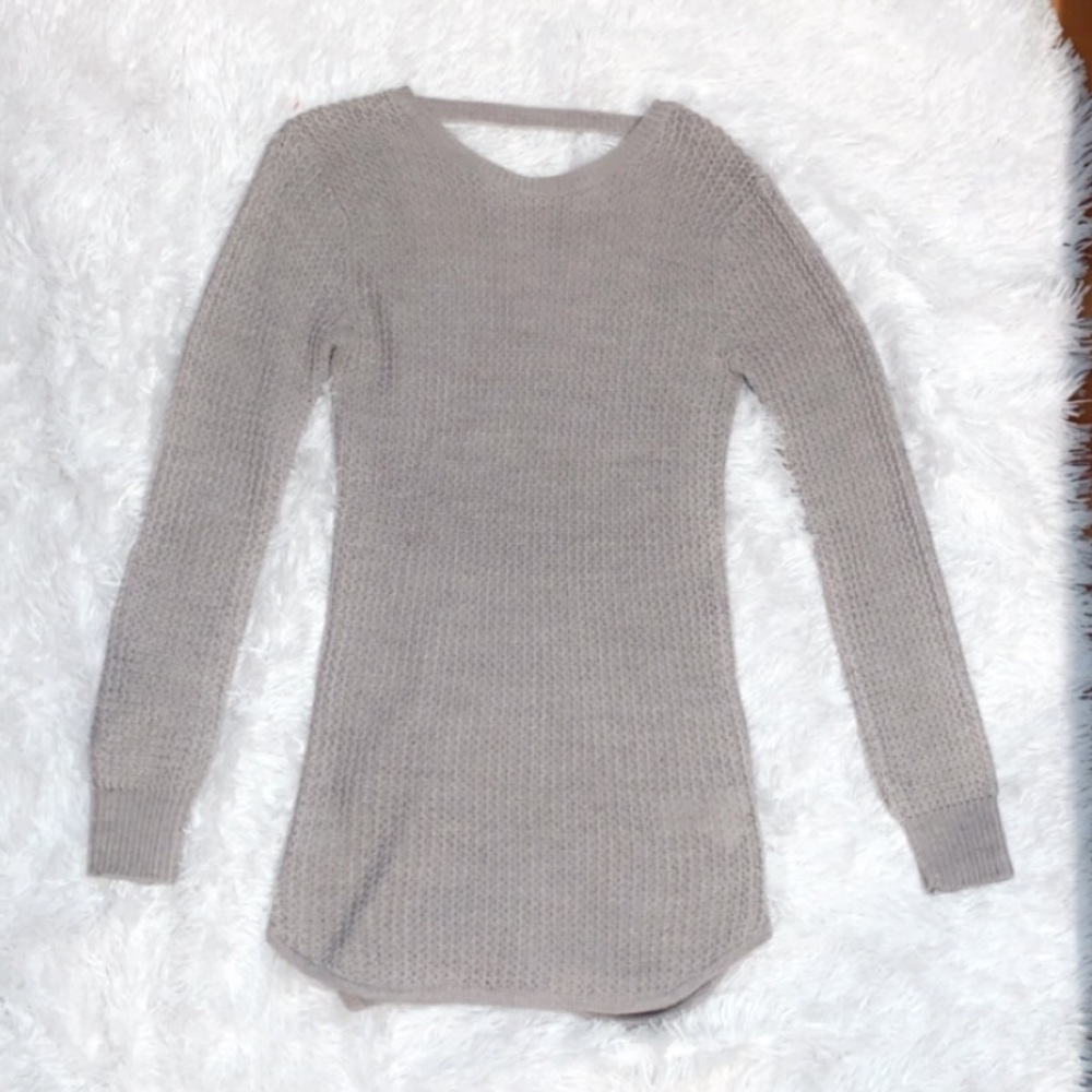 grey long open back sweater from MANDEES